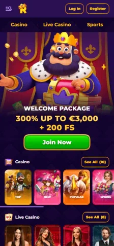Domovská stránka RoyalGame v mobilním zobrazení s anglickými popisky